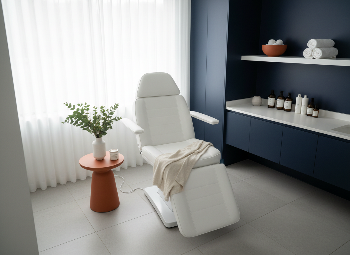 Modern, elevated med spa treatment room in orange and navy tones