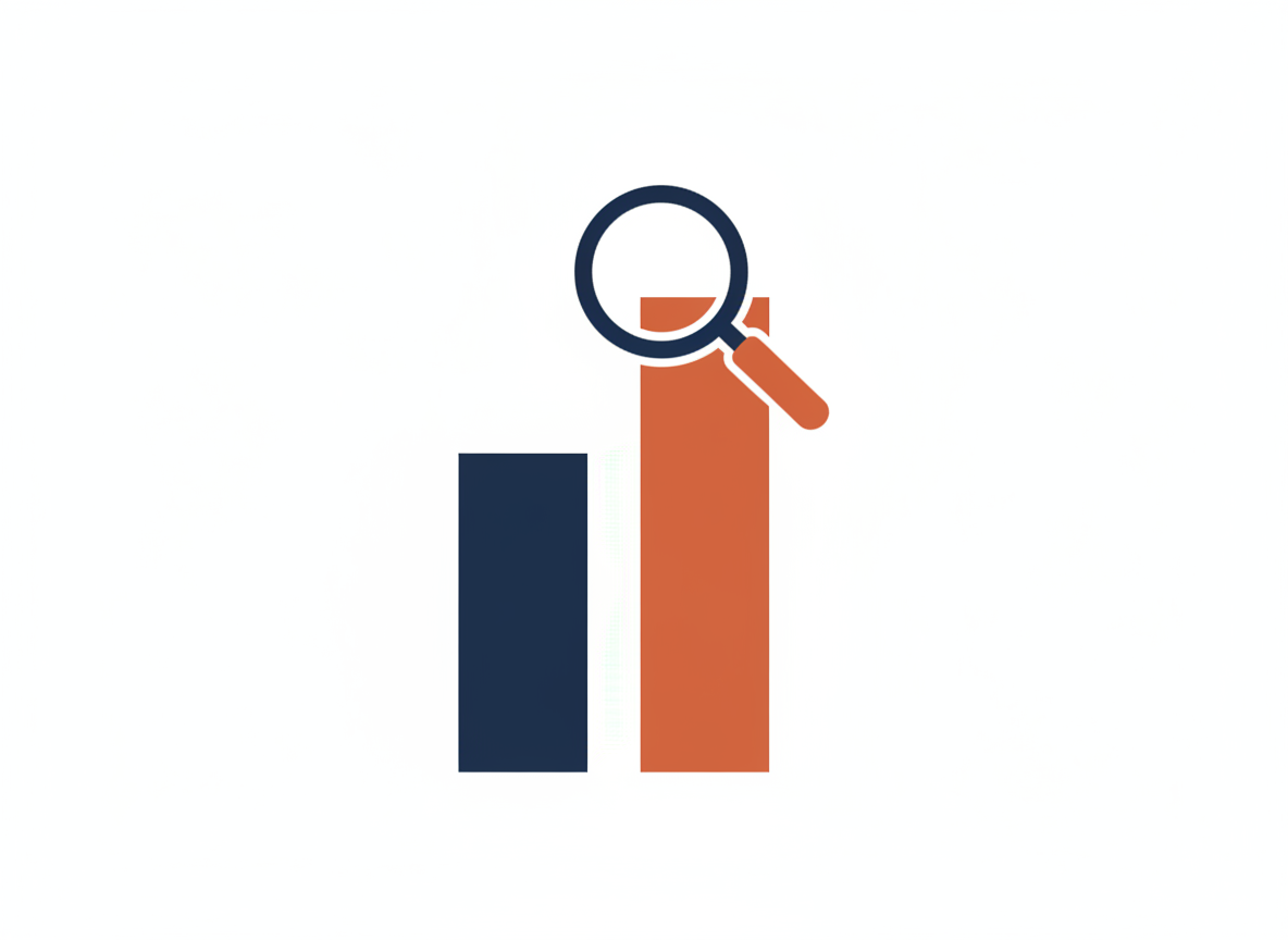 Abstract editorial illustration of two bar charts being compared with a magnifying glass, in navy and orange, representing Google Ads peer spend benchmarks